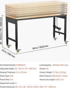 VEVOR 60" Workbench on Wheels Adjustable Height Table with Power Outlet &amp; Pegboard
