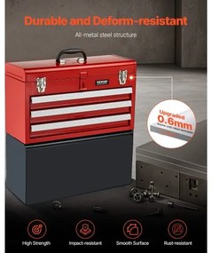 VEVOR Tool Box 20.5-inch Portable Metal Tool Box 3 Drawers Tool Organizer Red