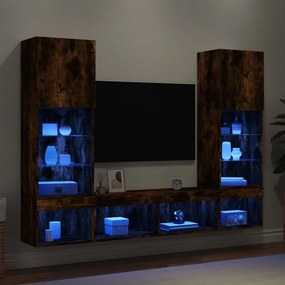 vidaXL Έπιπλα Τοίχου Τηλεόρασης 5 τεμ LED Καπνιστή Δρυς από Επεξ. Ξύλο