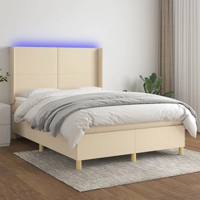 vidaXL Κρεβάτι Boxspring με Στρώμα &amp; LED Κρεμ 140x190 εκ. Υφασμάτινο