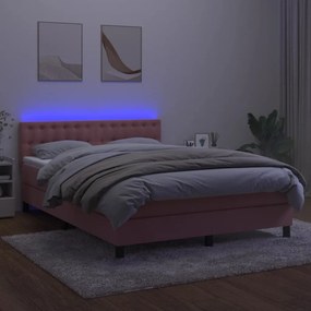 vidaXL Κρεβάτι Boxspring με Στρώμα &amp; LED Ροζ 140x200 εκ. Βελούδινο