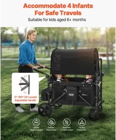 VEVOR Wagon Stroller for 4 Kids Push Pull Collapsible Stroller 330LBS Loading