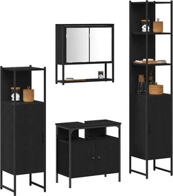 vidaXL Σετ Επίπλων Μπάνιου με ράφι 4 pcs Μαύρη Οξυά Επεξεργασμένο ξύλο