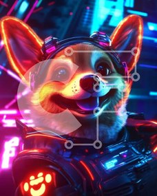 Σετ των 2 Intra Συλλεκτικό Ξύλινο Παζλ Plywood 4mm - Happy Corgi σε φουτουριστικό σκηνικό με φώτα νέον Σε Ξύλινο Κουτί - Διαστάσεις: 10x10 cm – 25 κομμάτια