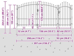vidaXL Πόρτα Κήπου  με Άκρες Σπαθιού Γκρι 175x400 εκ Σίδερο