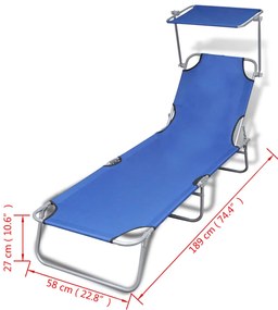 vidaXL Ξαπλώστρα Πτυσσόμενη Μπλε από Ατσάλι/Ύφασμα με Σκίαστρο