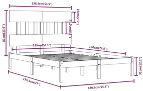 vidaXL Πλαίσιο Κρεβατιού 135 x 190 εκ. από Μασίφ Ξύλο Double