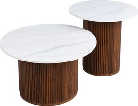 Τραπέζι σαλονιού Skerta pakoworld σετ 2τεμ λευκό sintered stone mdf με καρυδί βάση