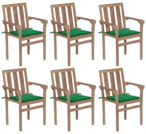 Καρέκλες Κήπου Στοιβαζόμενες 6 τεμ. Μασίφ Ξύλο Teak &amp; Μαξιλάρια - Πράσινο