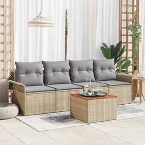 vidaXL Σετ Καναπέ 5 Τεμαχίων με Μαξιλάρια Μπεζ Πολυ Ράταν Ακακία