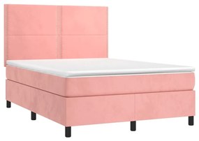 Κρεβάτι Boxspring με Στρώμα &amp; LED Ροζ 140x200 εκ. Βελούδινο - Ροζ