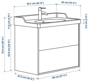 TANNFORSEN/RUTSJON βάση νιπτήρα με συρτάρια/νιπτήρα/μπαταρία, 82x49x74 cm 795.211.39