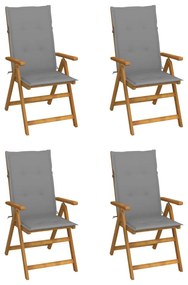 Καρέκλες Κήπου Ανακλινόμενες 4 τεμ. Ξύλο Ακακίας με Μαξιλάρια - Γκρι