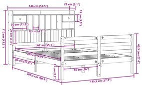 Κρεβάτι Βιβλιοθήκη Χωρίς Στρώμα 140x200 εκ Μασίφ Ξύλο Πεύκο - Καφέ