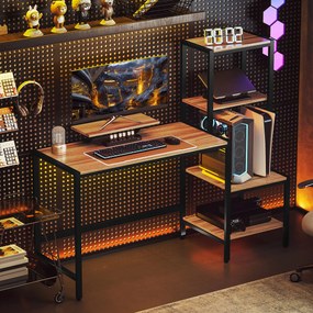 Γραφείο υπολογιστή με βάση οθόνης, Γραφείο με ράφι 4 επιπέδων, βιομηχανικό σχέδιο, καφέ