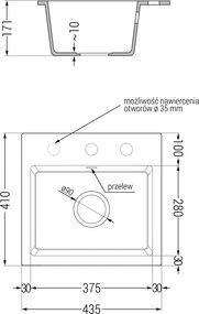 Mexen Milo νεροχύτης από γρανίτη 1-δοχείο 435 x 410 mm, λευκός, σιφόνι χρυσό