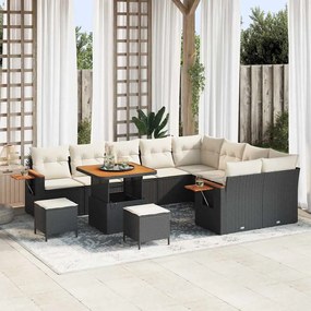 vidaXL Σετ Καναπέ Κήπου 12 Τεμαχίων με Μαξιλάρια, Μαύρο Πολυ Ράττον, Ακακία.
