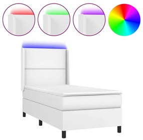 vidaXL Κρεβάτι Boxspring με Στρώμα & LED Λευκό 90x200 εκ. Συνθ. Δέρμα