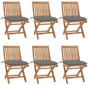 Καρέκλες Κήπου Πτυσσόμενες 6 τεμ. Μασίφ Ξύλο Teak με Μαξιλάρια - Γκρι