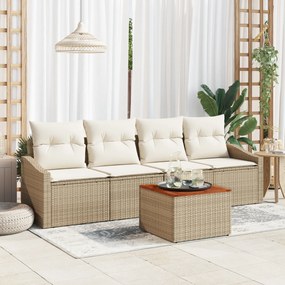 vidaXL Σετ 5 Τεμαχίων Καναπέ Κήπου με Μαξιλάρια Μπεζ Πολυ Ρατάν Ακακία