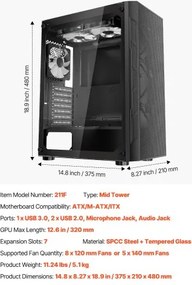 VEVOR Mid-Tower ATX PC Gaming Case Computer Case Box with 3 x 120 mm ARGB Fans