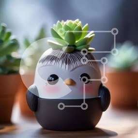 Intra Συλλεκτικό Ξύλινο Παζλ Plywood 4mm - Ασπρόμαυρη ζαρντινιέρα σε σχήμα πιγκουίνου με παχύφυτα Σε Ξύλινο Κουτί - Διαστάσεις: 10x10 cm – 25 κομμάτια