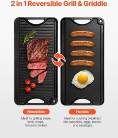 VEVOR 20x10 in Reversible Grill Griddle Pre-Seasoned BBQ Pan Cast Iron Black