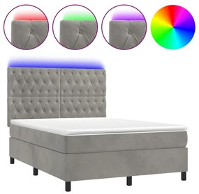 vidaXL Κρεβάτι Boxspring με Στρώμα & LED Αν.Γκρι 140x200 εκ. Βελούδινο