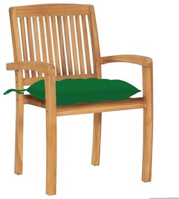 Καρέκλες Κήπου Στοιβαζόμενες 6 τεμ. Μασίφ Ξύλο Teak &amp; Μαξιλάρια - Πράσινο