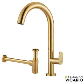 Armando Vicario Slim Gold Brushed Σιφών +Μπαταρία Νιπτήρος υψηλή με βαλβίδα clic-clac