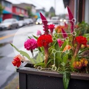 Intra Συλλεκτικό Ξύλινο Παζλ Plywood 4mm - Πολύχρωμα λουλούδια σε μαύρο φυτευτή κάτω από τη βροχή Σε Ξύλινο Κουτί - Διαστάσεις: 10x10 cm – 25 κομμάτια