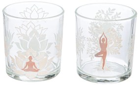 Φανάρι Καταιγίδας Cylindrical -Namaste- Δέντρο Motif Lotus Motif Yoga Motif Γυάλινο Brown Clear PU 18 Pcs. Assorted H. c