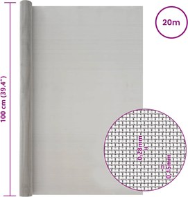 vidaXL Πλέγμα Οθόνης 60 mesh 100 x 2000 cm Ανοξείδωτο Ατσάλι 201 Ασημί
