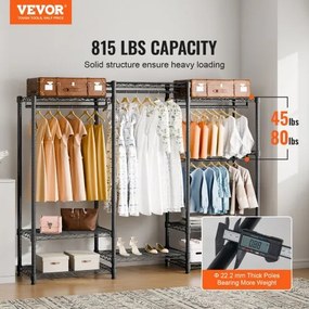 VEVOR Heavy Duty Clothes Rack, Rolling Clothing Garment Rack with 4 Hang Rods &amp; 8 Storage Tiers, Adjustable Custom Closet Rack, Freestanding Wardrobe for Hanging Clothes, 800 lbs Load Capacity