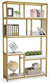 Βιβλιοθήκη-Ραφιέρα Denver pakoworld με χρυσό μεταλλικό σκελετό και λευκή όψη μαρμάρου 100x30x160εκ