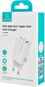 USAMS φορτιστής τοίχου CC265, USB &amp; 2x USB-C, 67W, GaN, λευκός