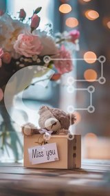 Intra Συλλεκτικό Ξύλινο Παζλ Plywood 4mm - Αρκουδάκι και λουλούδια με τη σημείωση "Miss You". Σε Ξύλινο Κουτί - Διαστάσεις Puzzle: 10x10 cm – 25 κομμάτια