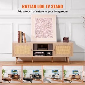 VEVOR Rattan TV Stand for 65&quot; TV Boho TV Stand with Build-in Socket Oak