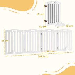 PawHut Ανεξάρτητο πτυσσόμενο φράγμα σκύλου με στηρίγματα, για πόρτες, διαδρόμους, σκάλες, 207,5x 30 x 61 cm, Λευκό