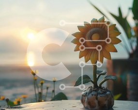 Intra Συλλεκτικό Ξύλινο Παζλ Plywood  4mm - Ηλίανθος στο υπαίθριο τραπέζι στο ηλιοβασίλεμα Σε Ξύλινο Κουτί - Διαστάσεις: 10x10 cm – 25 κομμάτια