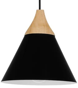 GloboStar® SHADE 00906 Μοντέρνο Κρεμαστό Φωτιστικό Οροφής Μονόφωτο 1 x E27 Μαύρο Μεταλλικό με Ξύλο Καμπάνα Φ23 x Υ22cm