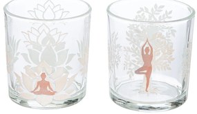 Φανάρι Καταιγίδας Cylindrical &quot;Namaste&quot; Δέντρο Motif Lotus Motif Yoga Motif Γυάλινο Brown Clear PU 18 Pcs. Assorted H. c