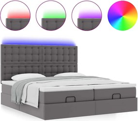 vidaXL Οθωμανικό κρεβάτι με στρώματα &amp; LEDs Γκρι Faux Leather