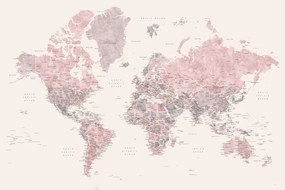 Χάρτης Detailed watercolor world map in dusty pink and cream, Madelia, Blursbyai