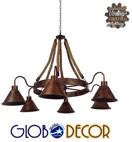 GloboStar CAMELOT 10001191 Vintage Κρεμαστό Φωτιστικό Οροφής Πολύφωτο 6 x E27 Καφέ Σκουριά Μεταλλικό Πολυέλαιος με Μπεζ Σχοινί Φ92 x Y118cm