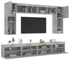 vidaXL Ντουλάπια Τηλεόρασης Τοίχου 8 τεμ. Φώτα LED Γκρι Σκυροδέματος