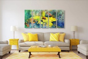 Εικόνα 5 μερών κίτρινο λουλούδι με vintage πινελιά - 100x50