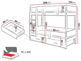 Κουκέτα Henderson 144, Δύο ορόφων, Γκρι, 90x200, Ξύλο, Πλαστικοποιημένη μοριοσανίδα, Τάβλες για Κρεβάτι, 103x208x156cm, 79 kg, Ξύλο: Πεύκο