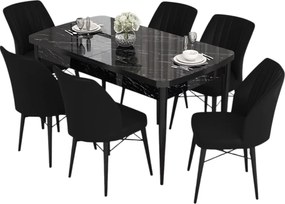 Extendable Dining Table &amp; Chairs Set (7 Pieces) Eva - Black Marble, Black Black Marble
Black