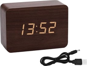 Ξύλινο Επιτραπέζιο Ψηφιακό Ρολόι με οθόνη LED, Ξυπνητήρι, Θερμόμετρο - Καφέ